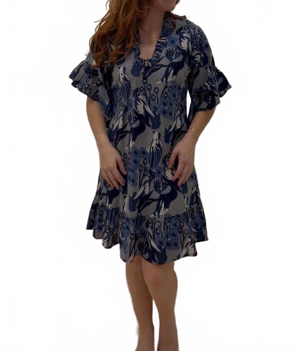 NEW FITZROY & WILLA ruffle-sleeve caftan mini dress in indigo bird print